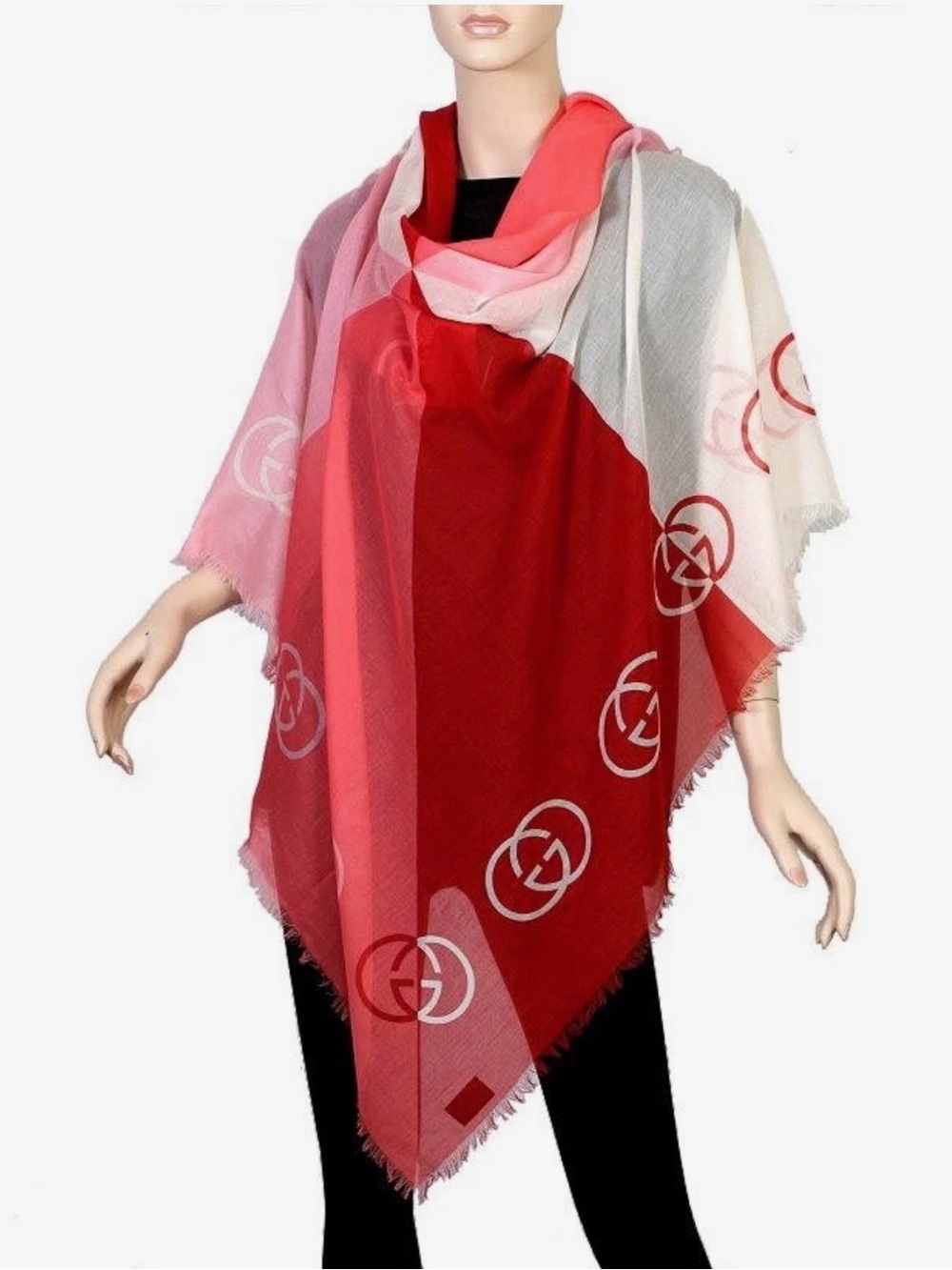 NEW GUCCI INTERLOCKING G LOGO RED PINK COTTON CASHMERE SQUARE SHAWL WRAP SCARF